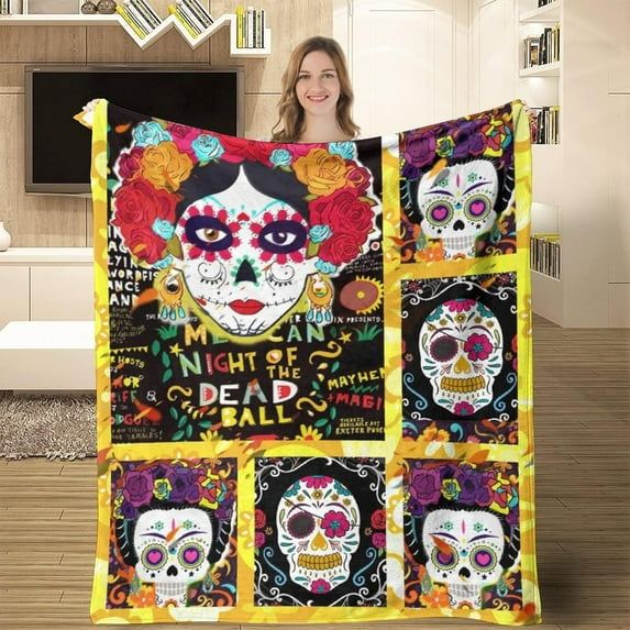Halloween Throw Blanket for Boys Girls Adults Colorful Skull Flower Blanket Best Halloween Home Decor 50×60