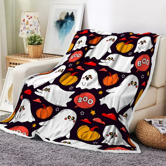 Halloween Throw Blankets for Couch Bed Cartoon Ghost Fleece Blanket Pumpkin Decorations, Yellow Gothic Pumpkin Lights Halloween Blankets, Kawaii Cozy Shadows Room Decor Halloween Decorations Indoor