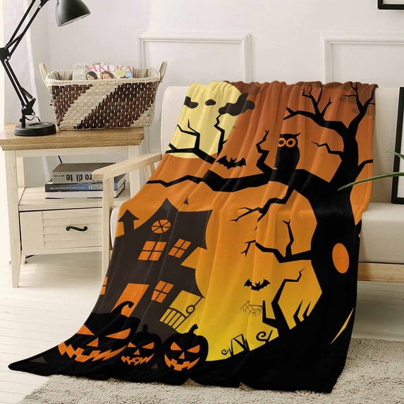 Halloween Throw Flannel Blanket 50x60In Castle Moon Bald Tree Pumpkin Owl Super Soft Cozy Bed Blanket, Lightweight Plush Fuzzy Bed Throw for Bedroom Sofa Couch Living Room