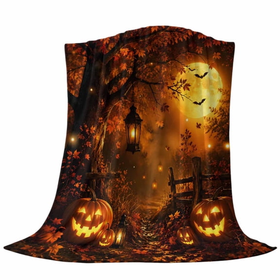 Halloween Throw Flannel Blanket Autumn Harvest Carved Pumpkins Maple Orange Moon Super Soft Cozy Bed Blanket, Lightweight Plush Fuzzy Bed Throw for Bedroom Sofa Couch Living Room 30x40in