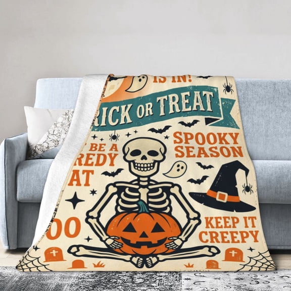 Halloween Throw Flannel Blanket Ghost Skeleton Cozy Fuzzy Warm Throw Blanket Vintage Scary Halloween Themed Print for Winter Couch Sofa Bed Home Decor 50x40