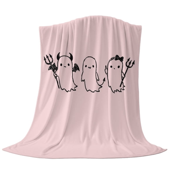 Halloween Throw Flannel Blanket Pink Cartoon Line Spooky Devil Ghosts Minimalist Super Soft Cozy Bed Blanket, Lightweight Plush Fuzzy Bed Throw for Bedroom Sofa Couch Living Room 30x40in