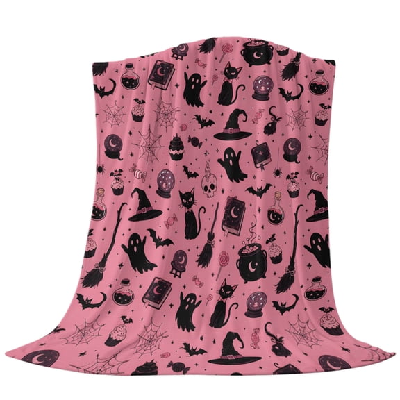 Halloween Throw Flannel Blanket Pink Theme Black Cartoon Witch Hats Cats Books Cobweb Super Soft Cozy Bed Blanket, Lightweight Plush Fuzzy Bed Throw for Bedroom Sofa Couch Living Room 30x40in