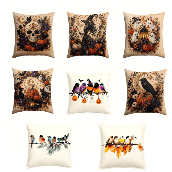 Halloween Throw Pillow Cover 18x18 Inch,Vintage Skull Pumpkin Witch Embroidery Cushion Case for Sofa Couch Farmhouse Decor