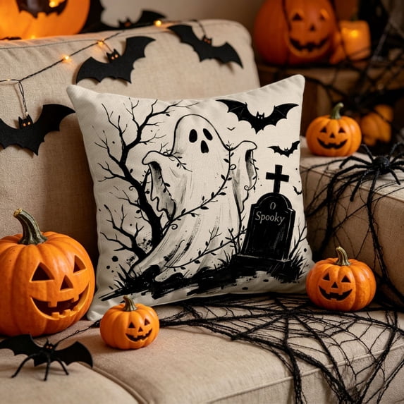 Halloween Throw Pillow Cover, Spooky Halloween Decor 18X18 Inch Linen Stain Resistant Ghost Bat Graveyard Pattern, for Halloween Home Decor Indoor, Halloween Living Room Decor,