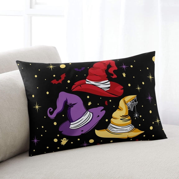 Halloween Throw Pillow Cover, Witch Hat Purple Red Yellow Rectangle Decorative Pillow Case Protector Soft Cushion Cover Lumbar Pillowcase for Couch Sofa Bedroom Car Chair Decor 20x26 Inch