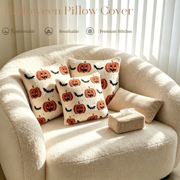 Halloween Throw Pillow Covers, 16x16 Inch Soft Cushion Cover, Pumpkin Bat Pillow Cases, Fall Decorative Pillowcase for Sofa Couch Bedroom