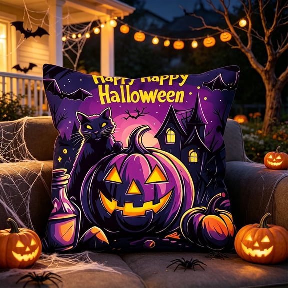Halloween Throw Pillow Covers 18 Inch Square, Spooky Printed Cushion Cases with Concealed Zipper, Soft Polyester Pillowcase for Sofa Couch Bed Decor