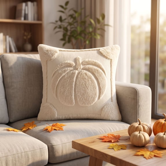 Halloween Throw Pillow Covers, 18X18 Inch Beige Quilted Plush Pumpkin Pillow Case, for Cozy Farmhouse Living Room, Neutral Fall Home Decor, to Refresh Couches, Sofas and Seating