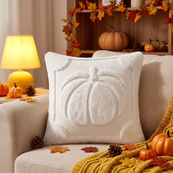 Halloween Throw Pillow Covers, 18X18 Inch White Quilted Plush Autumn Pumpkin Pillow Case, for Farmhouse Halloween Decor, Farmhouse Fall Decor, to Complement Your Neutral Home