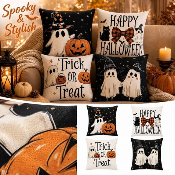 Halloween Throw Pillow Covers 18x18 Inch, Printed Ghost Spooky Decorative Square Pillowcases, Farmhouse Holiday Cushion Covers for Couch Sofa Living Room Bedroom Outdoor Home Decor