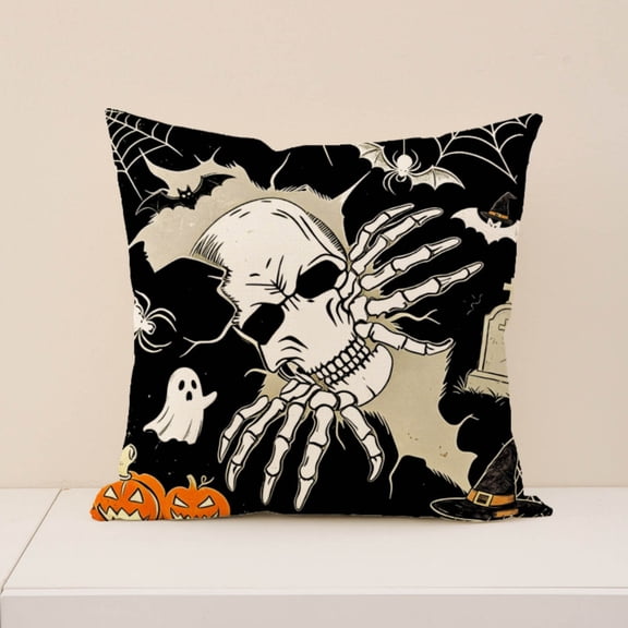 Halloween Throw Pillow Covers 18x18 Inch, Spooky Skeleton & Jack-O'-Lantern Pillow Cases, Retro Gothic Themed Cushion Covers, Linen Decorative Pillowcases for Fall Indoor Outdoor Home Decor