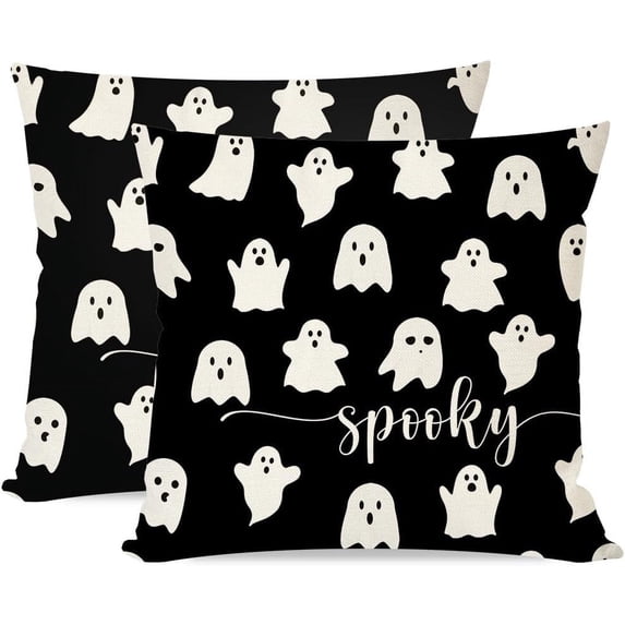 Halloween Throw Pillow Covers 18x18 Set of 2 Black and White Ghost Decor Spooky Halloween Decorations Outdoor Indoor Cute Decorative Cushion Cases for Home Living Room Sofa Couch