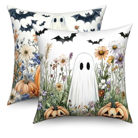 Halloween Throw Pillow Covers 18x18 Set of 2,Spooky Pumpkin Ghost Linen Pillowcase Cushion Cover for Home Sofa Couch