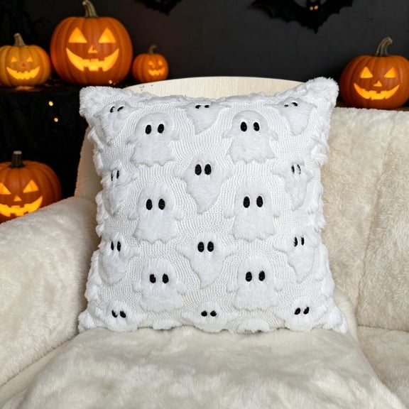 Halloween Throw Pillow Covers 18x18, Soft Faux Fur Pillow Cases Decorations, Fluffy Plush Accent Couch Cushion Case for Halloween Chair Sofa Bedroom Living Room Home Decor(Ghost A)