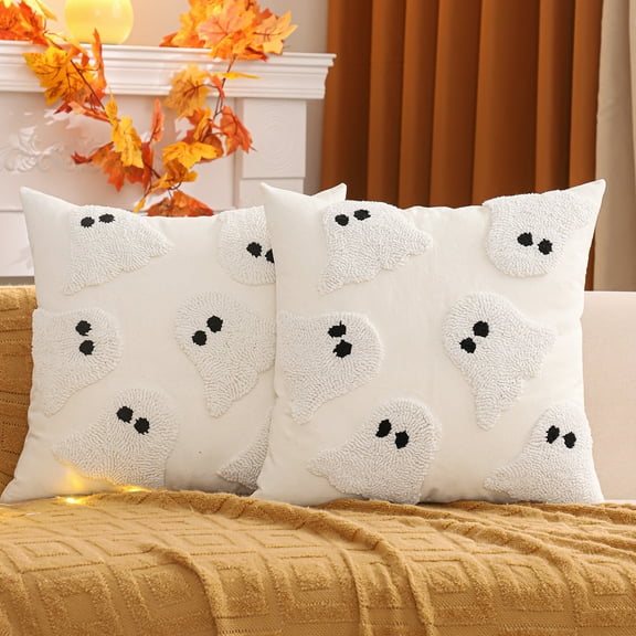 Halloween Throw Pillow Covers 18x18 inch Set of 2 Halloween White Ghosts Embroidered Pillow Cases Thanksgiving Home Party Fall Decor Pillowcases Square Cushion Covers