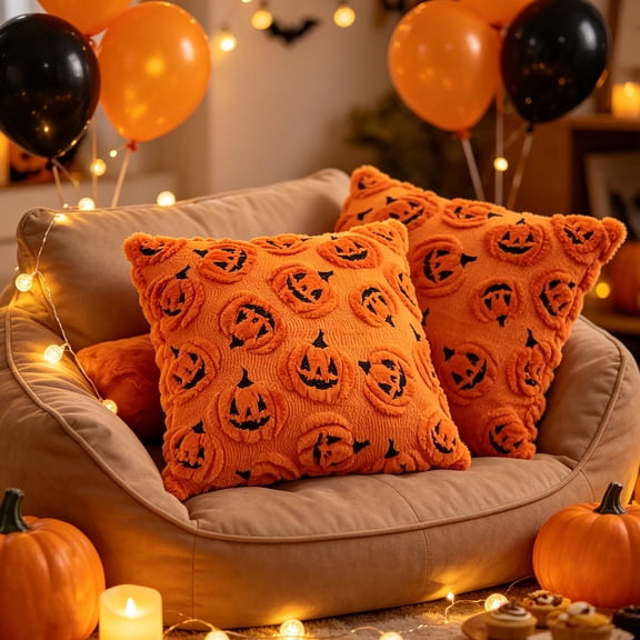 Halloween Throw Pillow Covers, 18x18Inch Halloween Ghost Pumpkin Covers, Halloween Spooky Pumpkin Pattern Soft Plush Faux Couch Cushion, for Couch Sofa Bedroom Fall Holiday Decorations