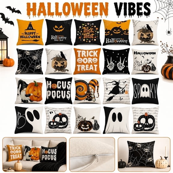 Halloween Throw Pillow Covers 4 Pack 18X18 Inch, Halloween Pillow Covers with and Jack O Lantern Designs, Trick Or Treat Printed Halloween Pillow Sets, Orange Black Spooky