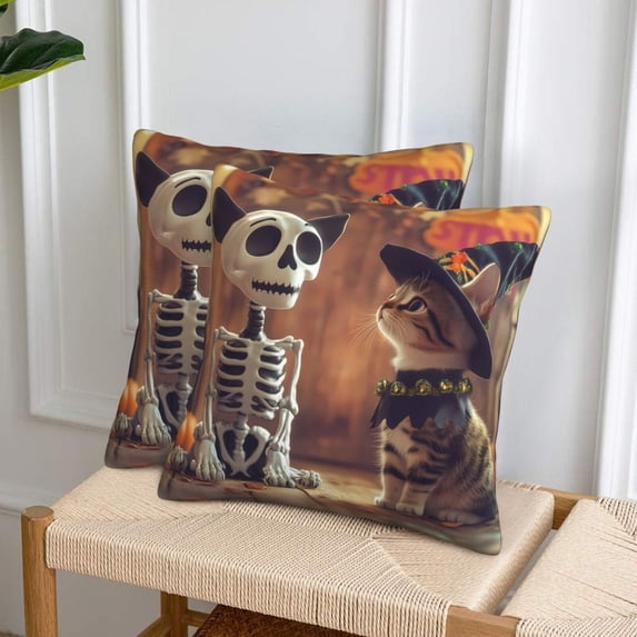 Halloween Throw Pillow Covers, Halloween Cat and Dog Skull Halloween Decorations Square Pillow Cases with Invisible Zipper for Bed Couch Sofa, Farmhouse Halloween Decor-2 Pack 18x18