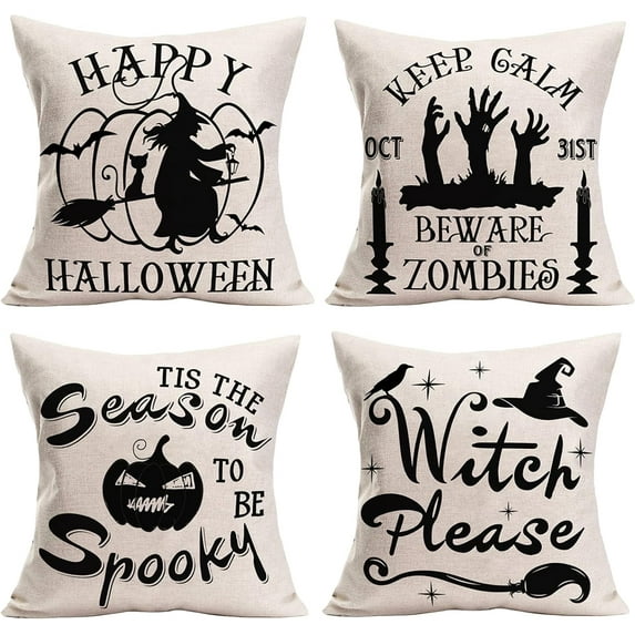 Halloween Throw Pillow Covers Set of 4 Witch Crow Zombies Pumpkin Spooky Decorative Halloween Theme Pillow Case Cotton Linen Vintage White Cushion Cover for Sofa Patio 16x16 Inch (White)