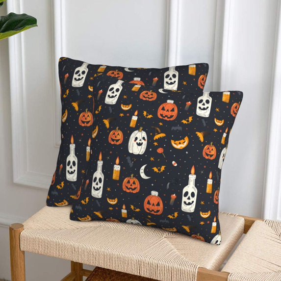 Halloween Throw Pillow Covers, halloween-spooky-fun-pumpkins-bats Halloween Decorations Square Pillow Cases with Invisible Zipper for Bed Couch Sofa, Farmhouse Halloween Decor-2 Pack 16x16