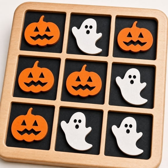 Halloween Tic Tac Toe Board Game Decor, Wooden Spooky Seasonal Tabletop Ornament, Fall Home Party Accent (A)