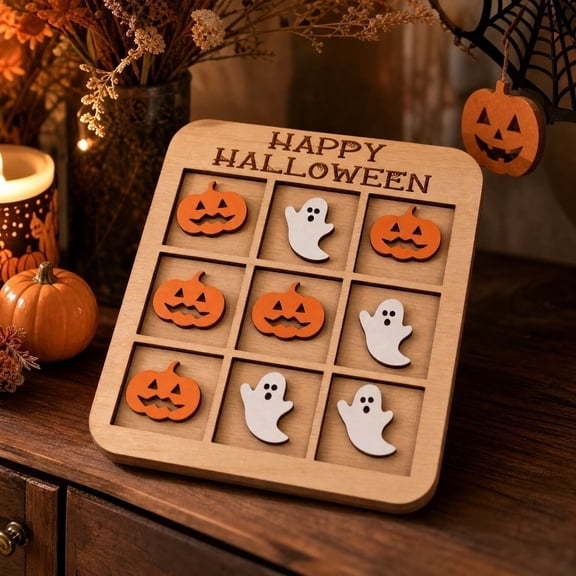 Halloween Tic Tac Toe Board Game, Wooden 2 Player Strategy Game, Pumpkin Ghost Themed Classic Tabletop Game (C)