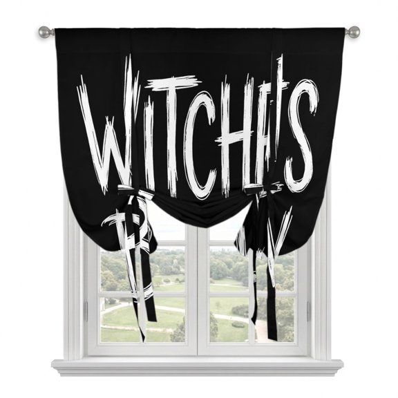 Halloween Tie Up Curtains for Window, Thermal Insulated Balloon Shade Adjustable Rod Pocket Curtains Valance Panels for Kitchen Bathroom Cafe 42 x 45 Fall Spooky Horror Letters Witches Brew Black