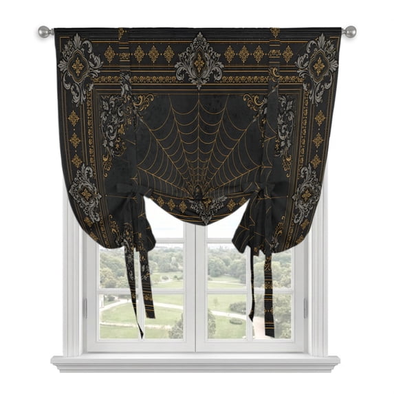 Halloween Tie Up Curtains for Windows, Adjustable Balloon Window Shades, Vintage Dark Spiders Floral Scrollwork Kitchen Window Treatments Farmhouse Short Curtains with Rod Pocket 42"x45"