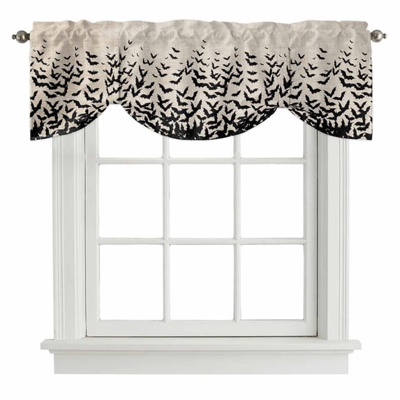 Halloween Tie Up Valance Curtains for Windows, Kitchen Curtains Window Treatments, Beige Rustic Horror Bat Spooky Halloween Short Window Shades Valances for Bedroom Bathroom Cafe 42"x18"
