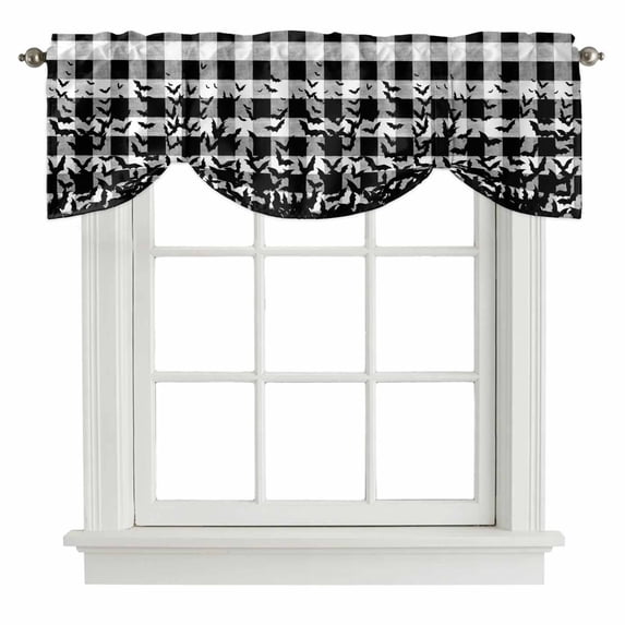 Halloween Tie Up Valance Curtains for Windows, Kitchen Curtains Window Treatments, Black White Plaid Horror Bat Spooky Halloween Short Window Shades Valances for Bedroom Bathroom Cafe 54"x18"