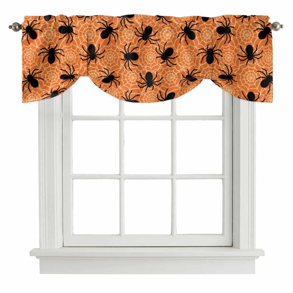 Halloween Tie Up Valance Curtains for Windows, Kitchen Curtains Window Treatments, Fall Black Spiderwebs Halloween Orange Webs Short Window Shades Valances for Bedroom Bathroom Cafe 42"x12"