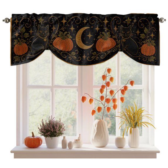 Halloween Tie Up Valance Curtains for Windows, Kitchen Curtains Window Treatments, Fall Orange Pumpkin Cats Moonlight Rustic Black Short Window Shades Valances for Bedroom Bathroom Cafe 42"x12"
