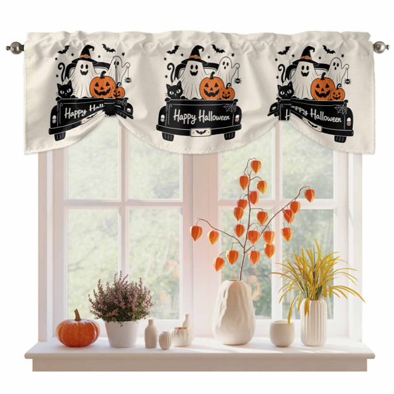 Halloween Tie Up Valance Curtains for Windows, Kitchen Curtains Window Treatments, Funny Ghost Pumpkins Black Cat Truck Spooky Short Window Shades Valances for Bedroom Bathroom Cafe 42"x12"