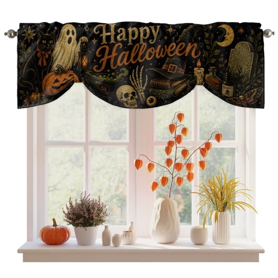 Halloween Tie Up Valance Curtains for Windows, Kitchen Curtains Window Treatments, Retro Ghost Pumpkin Skull Black Cats Autumn Short Window Shades Valances for Bedroom Bathroom Cafe 54"x18"