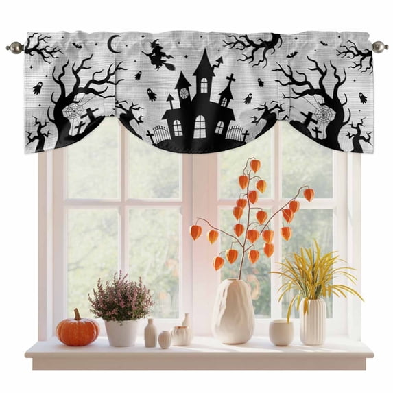 Halloween Tie Up Valance Curtains for Windows, Kitchen Curtains Window Treatments, Retro Haunted-House Witch Ghost Bats Rustic Gray Short Window Shades Valances for Bedroom Bathroom Cafe 54"x18"