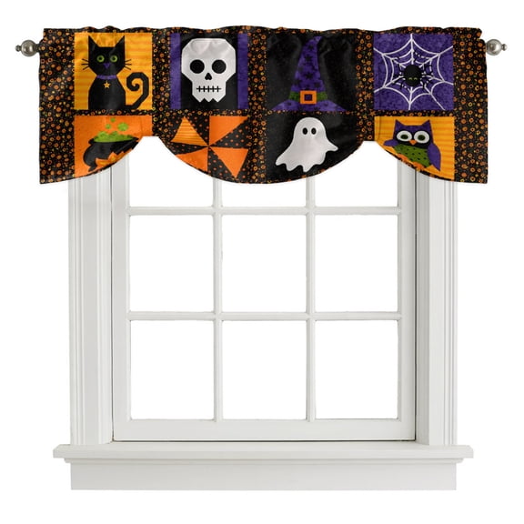 Halloween Tie Up Valances Curtain, Retro Spooky Black Cat Skull Witch Hat Spiderweb Candy Corn Adjustable Valance for Window Light Filtering for Kitchen and Bathroom Rod Pocket 1 Panel 42x12in
