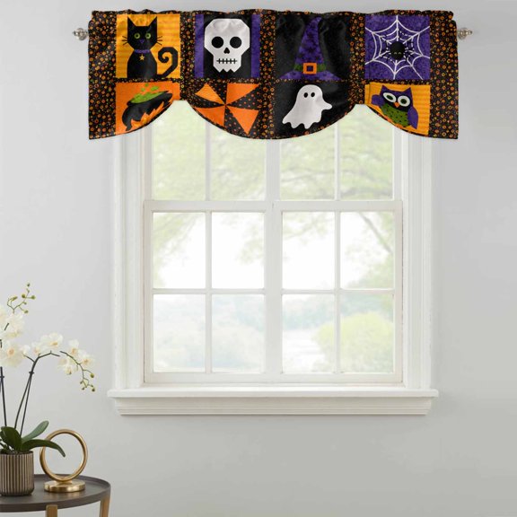 Halloween Tie Up Valances Curtain, Retro Spooky Black Cat Skull Witch Hat Spiderweb Candy Corn Kitchen Valances for Windows Decor, Rod Pocket Short Curtains Set for Bedroom/Bathroom, 54"x18"