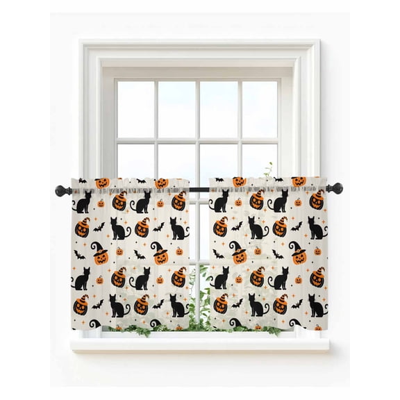 Halloween Tier Curtains 24 Inch Length,Sheer Curtains for Bedroom Living Room Window Horror Pumpkin Fall Witch's Hat Bat Black Cat Voile Drapes Kitchen Curtains Small Half Window 27.5"x24" 2 Panels