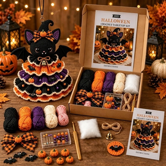 Halloween Tiered Crochet Tree DIY Starter Kit, Complete Yarn Tools & Tutorial, Spooky Fall Home Desktop Decor