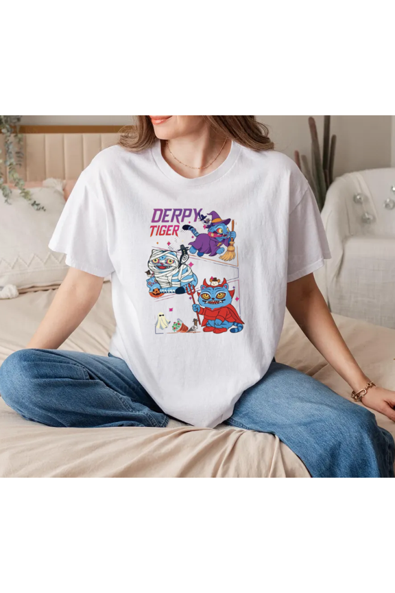 Halloween Tiger Funny Derpy Retro Cute Spooky Animal Lover Graphic Unisex T-Shirt, for men & women, up to size 5XL