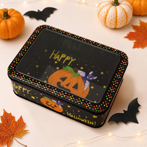 Halloween Tin Box with Clear Lid, 7.32-Inch Metal Candy Cookie Storage Container with Pumpkin, Witch and Bat Designs for Party Table and Home Decor