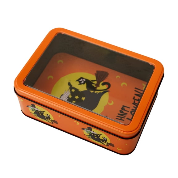Halloween Tin Box with Window, Metal Candy Cookie Storage Container, Orange Black Silhouette Decorative Gift Box for Party Home Organization