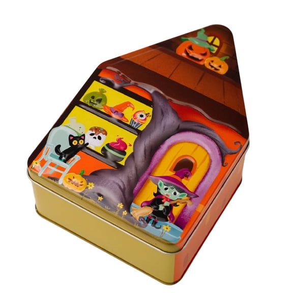 Halloween Tin Storage Box, Witch Printed Haunted House Shaped Metal Container, 1 Pack Desktop Organizer for Halloween Party Candy Small Trinkets Holiday Decorations Home Office Tabletop Use