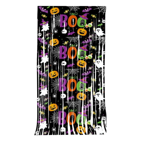 Halloween Tinsel Door Curtain, Pumpkin Ghost Pattern Rain Silk Backdrop, Hanging Streamer Curtain for House Party Photo Background Decor