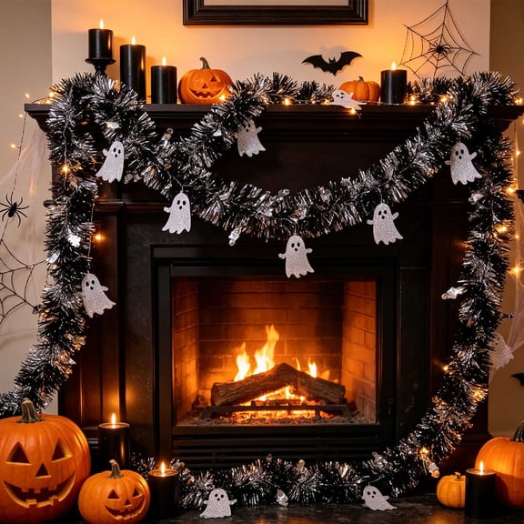 Halloween Tinsel Garland Metallic Wreath Fringe for Party Tree Decoration, Silver, 78.74 inch