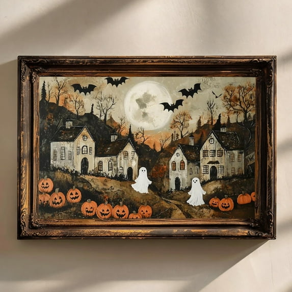 Halloween To-wn Wall Art Canvas Artwork Wall Decor Halloween Ghost Pumpkin Vintage Prints Painting Art Prints Picture Home Halloween Bedroom Decoration No Frame