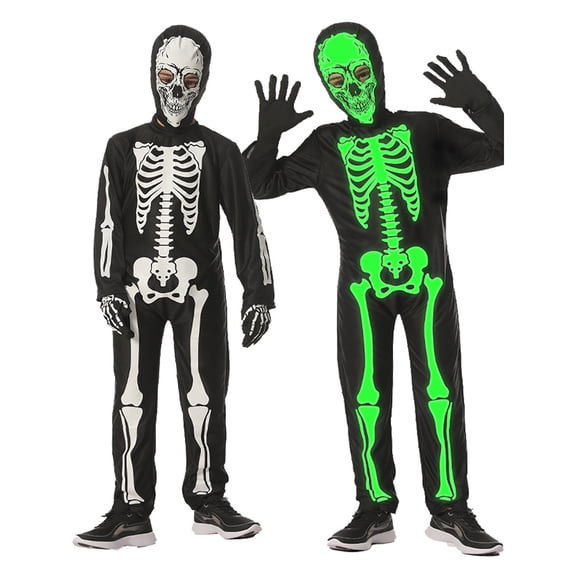 Halloween Toddler Boys Jumpsuits Glow In Dark Skeleton Print Hooded For Kids Costume One Piece Bodysuit Size 4-5T