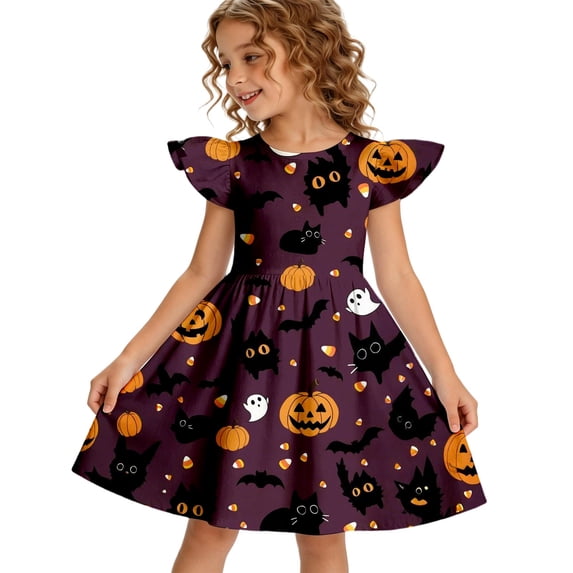 Halloween Toddler Girls Dress Pumpkin Ghost Print Dresses Flutter Sleeve 2-8Y