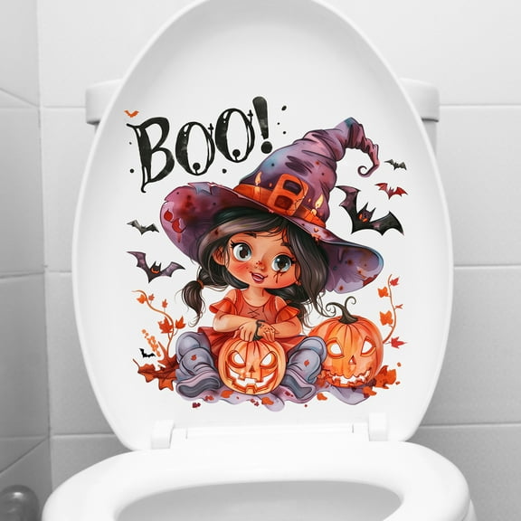 Halloween Toilet Seat Stickers Cute Witch Pumpkin Pattern Toilet Lid Decals for Bathroom
